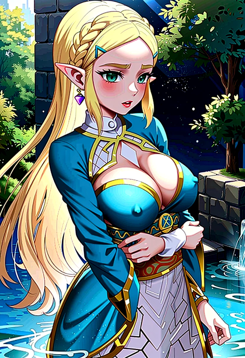 princess zelda, blonde very long hair, green eyes, wearing a sexy blue dress, side slit, ultrasharp, looking at the viewer, ((best quality)), ((masterpiece)), (detailed), perfect face, big breast, sexy body, sexy woman besides her, hugged, An anime scene of two girls hugging and kissing intensely, with hearts and sparkles floating around them as they stand in pool of water
