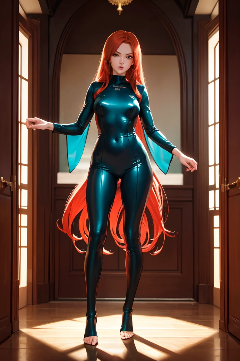 Elegant sophisticated joyful redhead lady, aqua spandex catsuit, barefoot, standing , looking at viewer , strict, long hair, flirty, high detail face mouth eyes legs feet, 