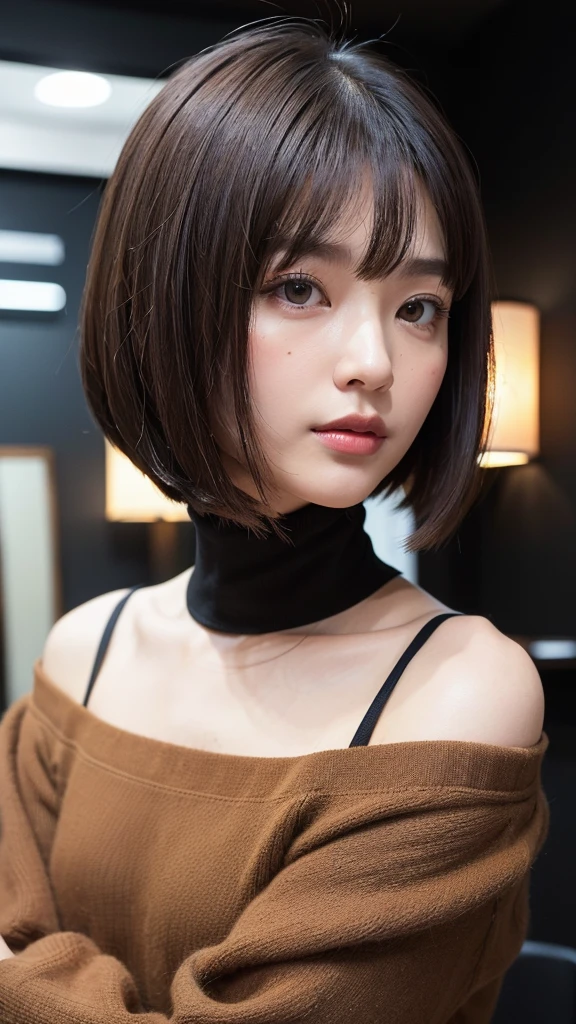 (((Face close-up)))、(((Brown, shoulder-length, straight short bob)))、(((She is posing like a model at a hair salon., Indoors, against a black wall.)))、(((Casual black winter long sleeves covering the shoulders)))、Half Japan, Half Korean、18-year-old girl、Independent、I&#39;m looking forward to、Light eye makeup、Brown Hair Color、Flat 、Hair blowing in the wind、Quality of actress、Shiny, Ultra-realistic faces、smile、Watery eye、look up、Subtle lighting effects、 Ultra-Realistic Capture、Very detailed、High resolution 16k human skin closeup。Skin texture must be natural、The detail must be such that the pores are clearly visible.、skin is healthy、Even Tone、Use natural light and color、Worn out, High quality photos taken by modeling agencies&#39;In-house photographer.、smile、(((Sigma 300mm F/1.4,1/1000 sec shutter,ISO400))) 
