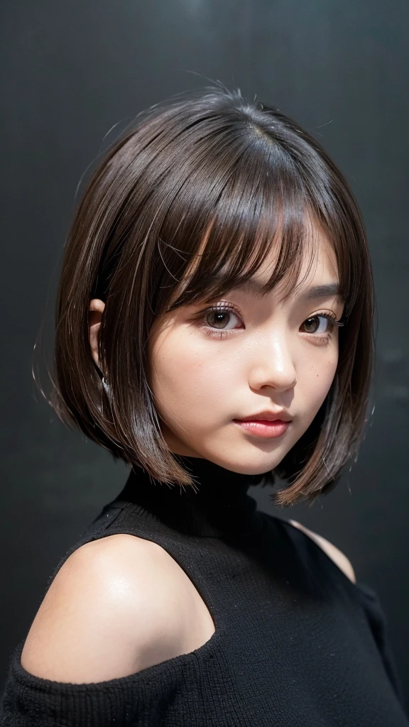 (((Face close-up)))、(((Brown, shoulder-length, straight short bob)))、(((She is posing like a model at a hair salon., Indoors, against a black wall.)))、(((Casual black winter long sleeves covering the shoulders)))、Half Japan, Half Korean、18-year-old girl、Independent、I'm looking forward to、Light eye makeup、Brown Hair Color、Flat 、Hair blowing in the wind、Quality of actress、Shiny, Ultra-realistic faces、smile、Watery eye、look up、Subtle lighting effects、 Ultra-Realistic Capture、Very detailed、High resolution 16k human skin closeup。Skin texture must be natural、The detail must be such that the pores are clearly visible.、skin is healthy、Even Tone、Use natural light and color、Worn out, High quality photos taken by modeling agencies'In-house photographer.、smile、(((Sigma 300mm F/1.4,1/1000 sec shutter,ISO400)))