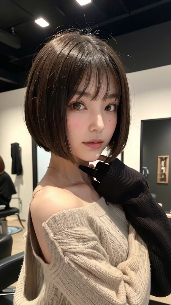 (((Face close-up)))、(((Brown, shoulder-length, straight short bob)))、(((She is posing like a model at a hair salon., Indoors, against a black wall.)))、(((Casual black winter long sleeves covering the shoulders)))、Half Japan, Half Korean、18-year-old girl、Independent、I'm looking forward to、Light eye makeup、Brown Hair Color、Flat 、Hair blowing in the wind、Quality of actress、Shiny, Ultra-realistic faces、smile、Watery eye、look up、Subtle lighting effects、 Ultra-Realistic Capture、Very detailed、High resolution 16k human skin closeup。Skin texture must be natural、The detail must be such that the pores are clearly visible.、skin is healthy、Even Tone、Use natural light and color、Worn out, High quality photos taken by modeling agencies'In-house photographer.、smile、(((Sigma 300mm F/1.4,1/1000 sec shutter,ISO400)))