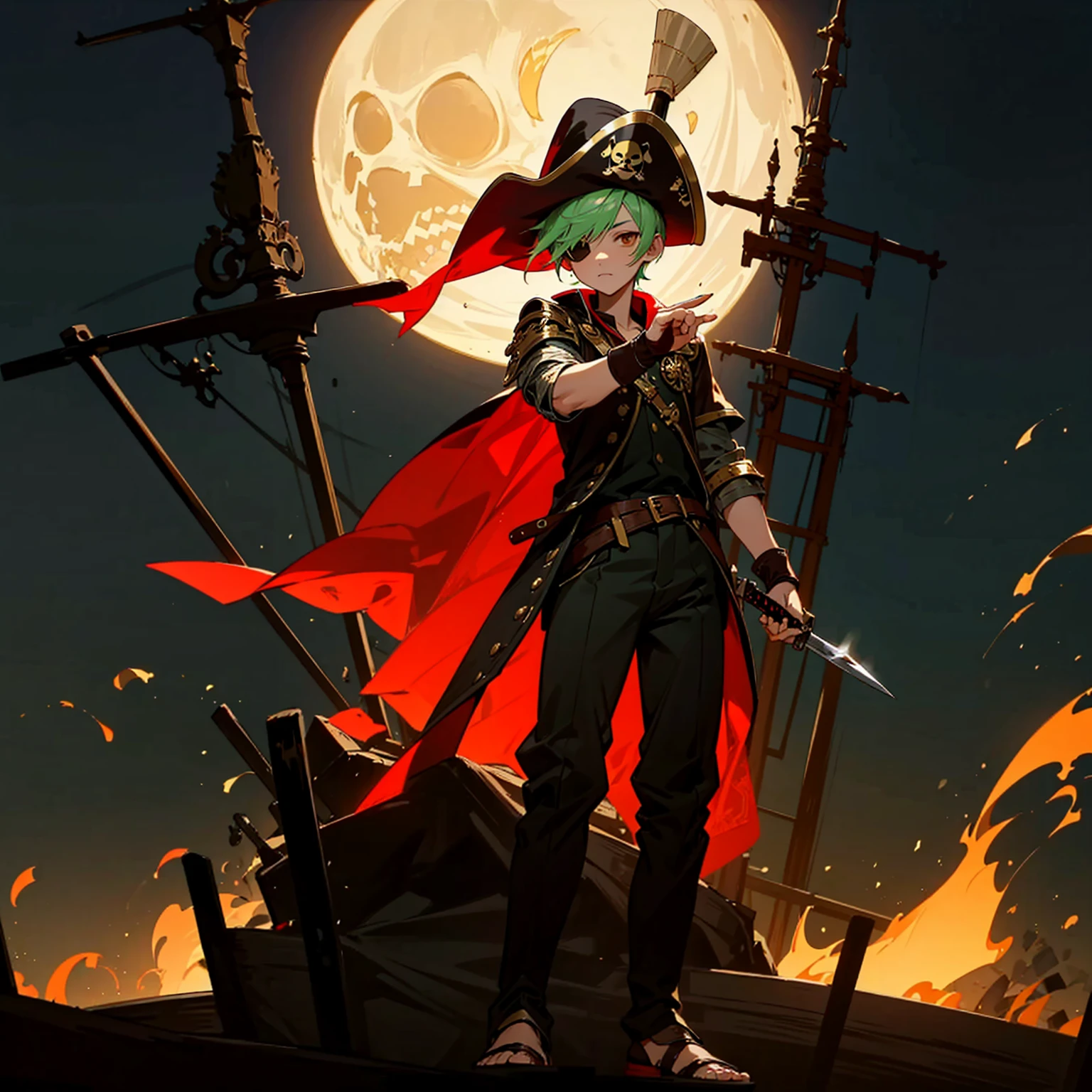 1boy, Full body version, 1character, brown eyes, albino skin, pirate eye patch, buzz cut hairstyle, green colour hair, flat facial expression, small eyes, red pirate hat, templar knight clothing, brown colour clothing, ancient Greek sandals, gold dagger knife in hand, buckler in hand, gold armor, Grassroots background in Pirate Ship, (at night), fire light burns on the ship, damaged pirate ship, moon silhouette light, moon in the sky, eyes glow red, sword glows red, lots of fire on the ship, ship fire, full background, war in ship pirate, (war gesture),