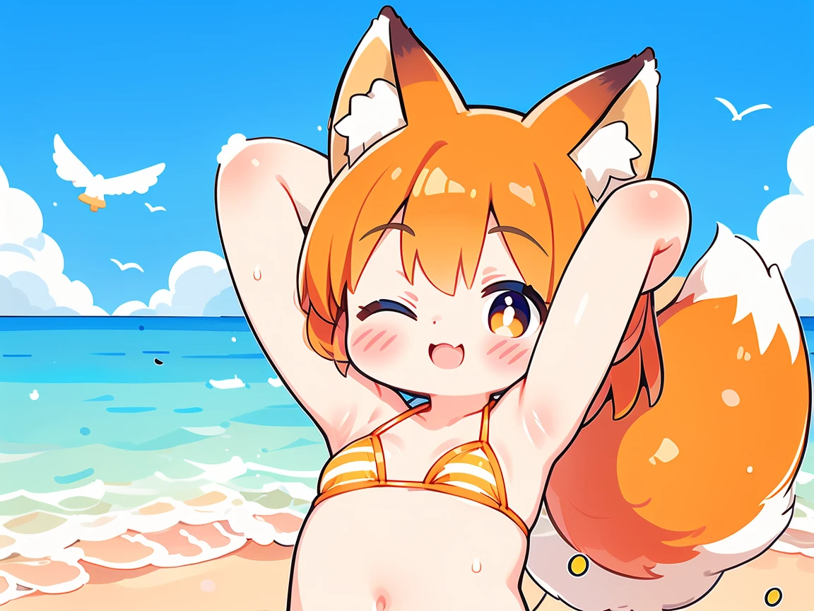 tmasterpiece, Best quality, ark breeze, 1 busty girl, fox ear, (fox tails, end: 1.5), Orange bikini, striped bikini, (Put your arms behind your head: 1.5), Armpits, one eye closed, with her mouth open, looking at viewert, ssmile, with her mouth open, cow boy shooting, holland angle, from below, sea beach, sable, suns, blue-sky, seagulls, Eternal, (exposed bare shoulders: 1.2),