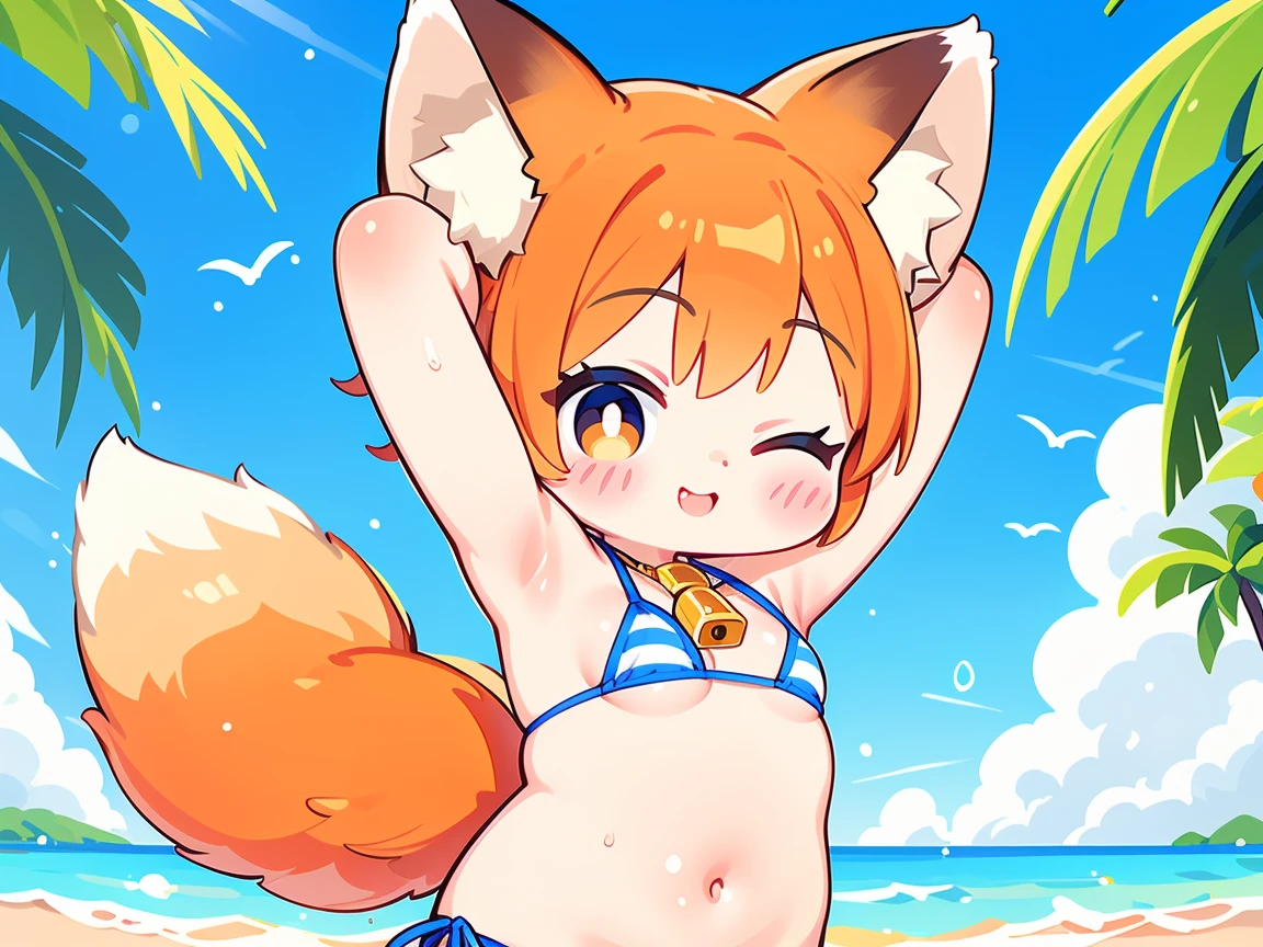 tmasterpiece, Best quality, ark breeze, 1 busty girl, fox ear, (fox tails, end: 1.5), Orange bikini, striped bikini, (Put your arms behind your head: 1.5), Armpits, one eye closed, with her mouth open, looking at viewert, ssmile, with her mouth open, cow boy shooting, holland angle, from below, sea beach, sable, suns, blue-sky, seagulls, Eternal, (exposed bare shoulders: 1.2),