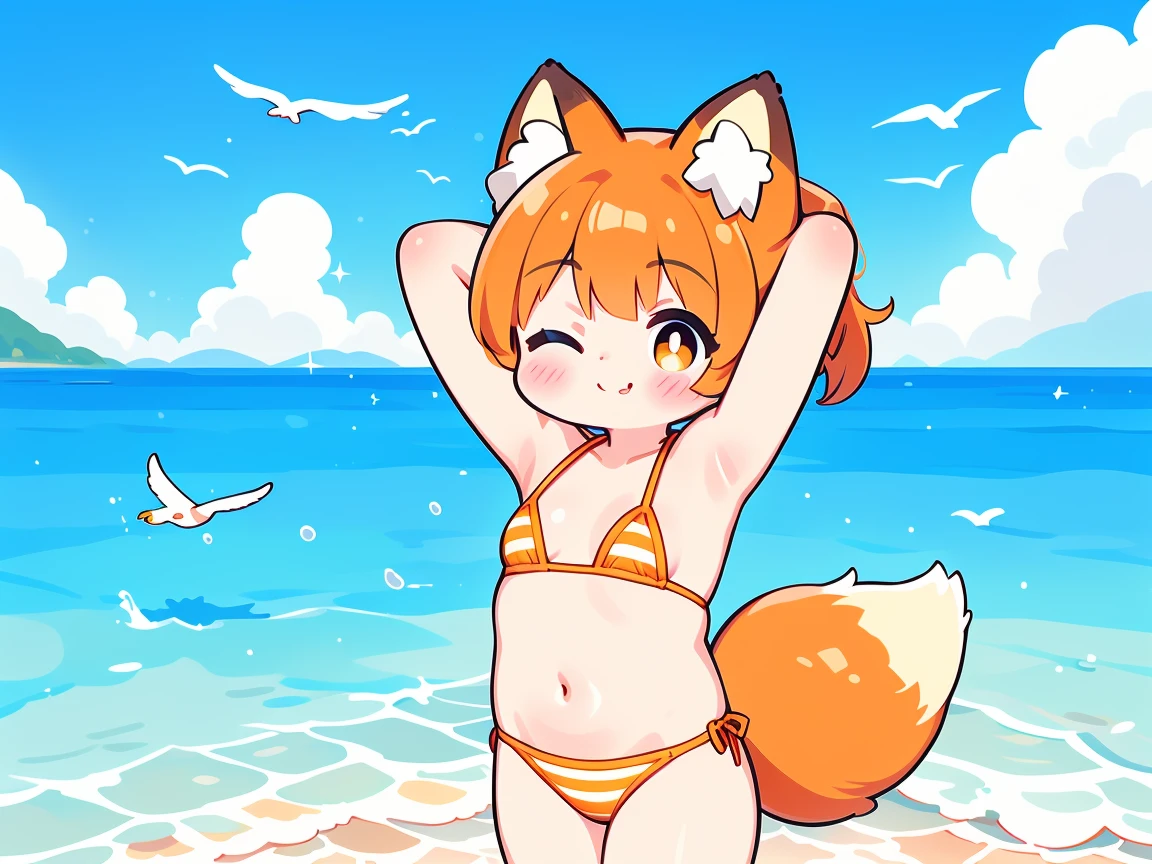 tmasterpiece, Best quality, ark breeze, 1 busty girl, fox ear, (fox tails, end: 1.5), Orange bikini, striped bikini, (Put your arms behind your head: 1.5), Armpits, one eye closed, with her mouth open, looking at viewert, ssmile, with her mouth open, cow boy shooting, holland angle, from below, sea beach, sable, suns, blue-sky, seagulls, Eternal, (exposed bare shoulders: 1.2),