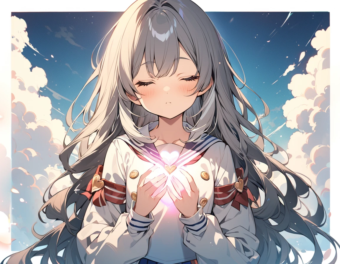 BREAK Perfect Anatomy,(High resolution:1.2),Incredible illustrations(Cute illustrations:1.2)（Beautiful background,blue sky、A profusion of flowers:1.5）1gial((multicolored hair,wavy long hair)closed eyes,serious (sailor uniform),(a girl,tall, height 1.5meters, 40kg),,17-year-old,flat chest）A pensive girl with her hands on her chest(Heart light in your hand)