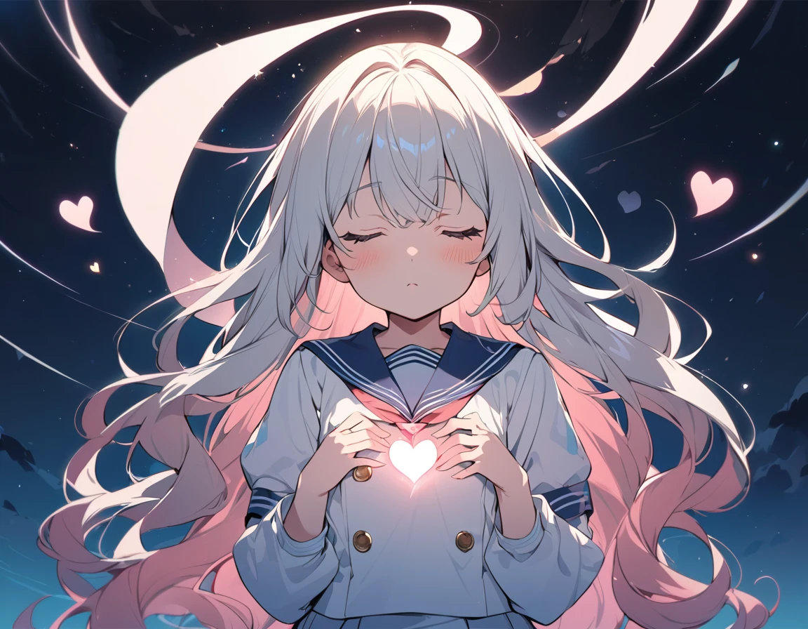 BREAK Perfect ???????,(High resolution:1.2),Incredible illustrations(Cute illustrations:1.2)(Beautiful background,blue sky、A profusion of flowers:1.5)1gial((multicolored hair,wavy long hair)closed eyes,serious (sailor uniform),(a girl,tall, height 1.5meters, 40kg),,17-year-old,flat chest)A pensive girl with her hands on her chest(Heart light in your hand)