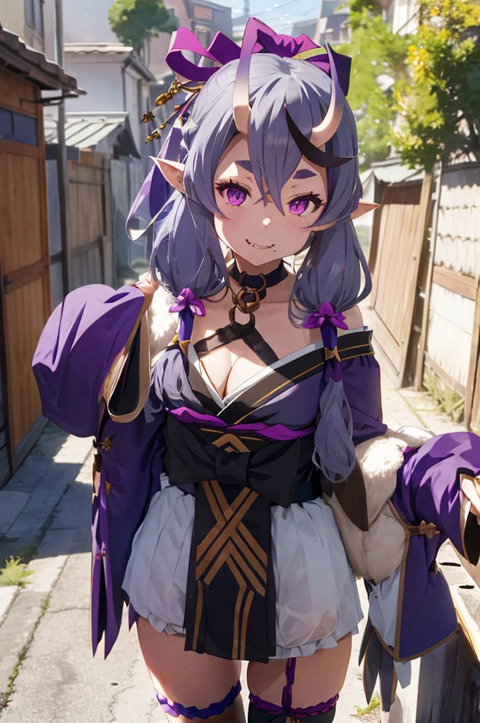 , aamikoto, low twintails, crescent hair ornament, bow, purple ribbon, short eyebrows, fang, off shoulder, purple kimono, short kimono, cleavage, sleeves past wrists, obi, sash, thigh strap, cowboy shot, standing, outdoors, smile, arms at sides, straight-on,