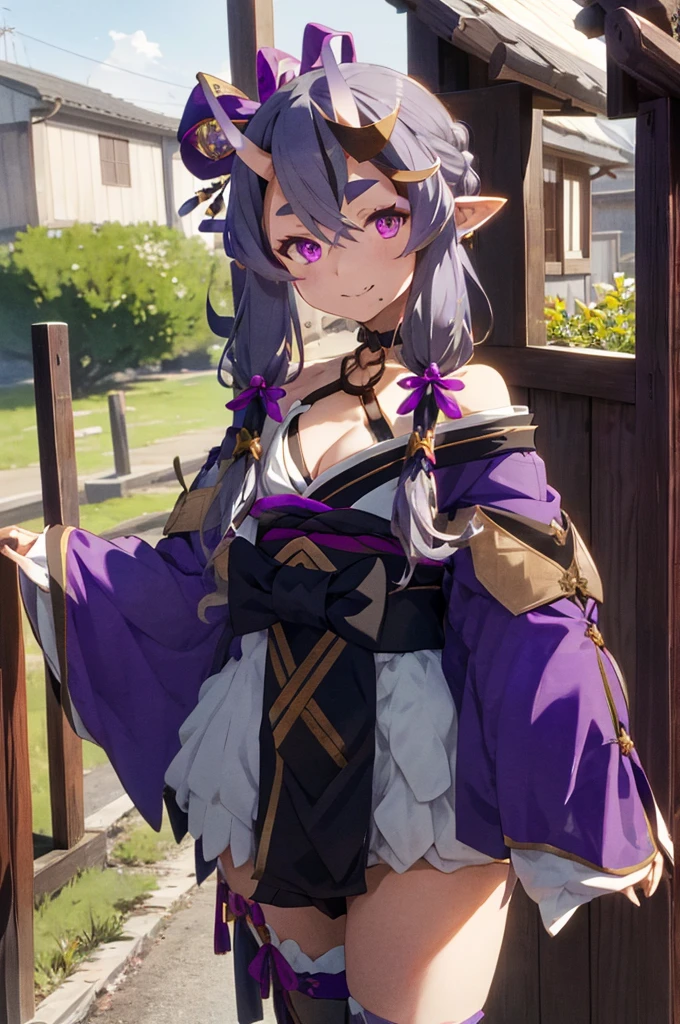 , aamikoto, low twintails, crescent hair ornament, bow, purple ribbon, short eyebrows, fang, off shoulder, purple kimono, short kimono, cleavage, sleeves past wrists, obi, sash, thigh strap, cowboy shot, standing, outdoors, smile, arms at sides, straight-on,