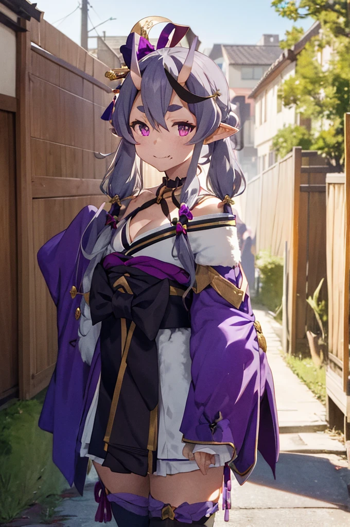 , aamikoto, low twintails, crescent hair ornament, bow, purple ribbon, short eyebrows, fang, off shoulder, purple kimono, short kimono, cleavage, sleeves past wrists, obi, sash, thigh strap, cowboy shot, standing, outdoors, smile, arms at sides, straight-on,