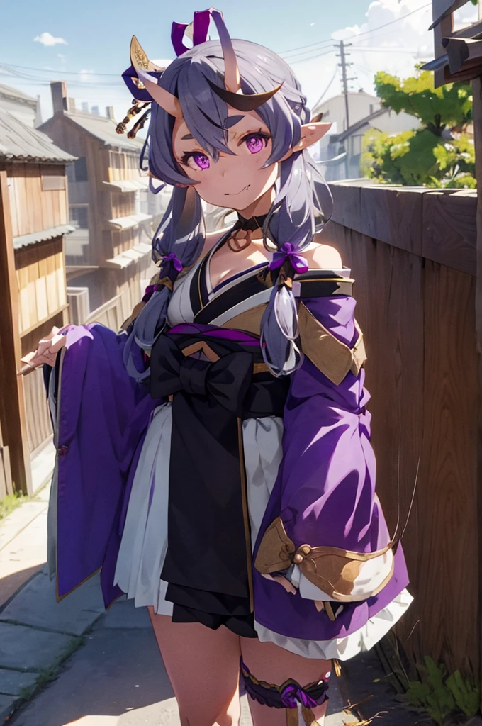 masterpiece, best quality, highres, aamikoto, low twintails, crescent hair ornament, bow, purple ribbon, short eyebrows, fang, off shoulder, purple kimono, short kimono, cleavage, sleeves past wrists, obi, sash, thigh strap, cowboy shot, standing, outdoors, smile, arms at sides, straight-on,(((nsfw,lift skirt))),looking viewer,