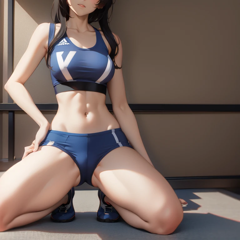 Top quality, masterpiece, skeletal body, skeletal hands, skeletal fingers, skeletal feet, anime girl, one girl, anime woman in blue gym clothes sitting on chair, cute sportswear, sporty physique, cute panties, thigh close-up, tight shot, bending over, side shot, sporty, firm butt, young sexy gravure idol, shorts, abnormally bulging hips, young slim gravure idol, beautiful skin, beautiful hair, best lighting, attractive body,