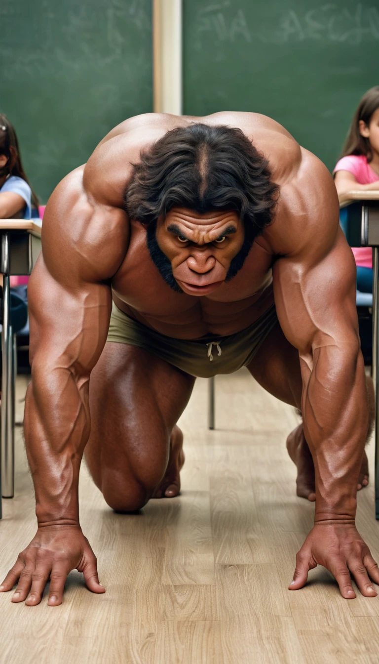 (RAW photo of a Neanderthals:1) , (hyper realistic:1.4), (Neanderthal man:1.4),(half gorilla mix :0.5),(big bulge:1.5), tall, bulky,hulk body, chubby belly, (very muscular:2), (hairy body:1.5),(detail face:1.1), tan skin, thick arms, (veiny arms:1.1), (bloated gut:1.5),(wearing underwear:1.1),(black thong:1.1), thick legs, rounded pecs, (big arms:1.1), veiny arms, dark brown skin, (alone in a classroom:1.1) ,(hunching down:1.1), on all fours, hdr, photorealistic masterpiece, cinematic, best quality, sharp focus,