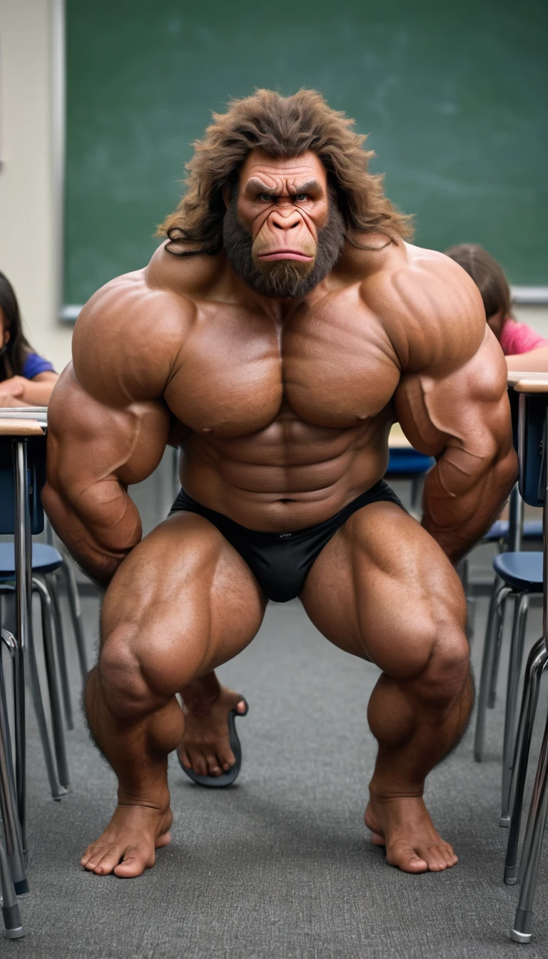 (RAW photo of a Neanderthals:1) , (hyper realistic:1.4), (Neanderthal man:1.4),(half gorilla mix :0.5),(big bulge:1.5), tall, bulky,hulk body, chubby belly, (very muscular:2), (hairy body:1.5),(detail face:1.1), tan skin, thick arms, (veiny arms:1.1), (bloated gut:1.5),(wearing underwear:1.1),(black thong:1.1), thick legs, rounded pecs, (big arms:1.1), veiny arms, dark brown skin, (alone in a classroom:1.1) ,(hunching down:1.1), on all fours, hdr, photorealistic masterpiece, cinematic, best quality, sharp focus,