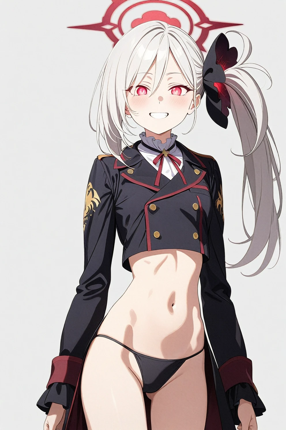 best quality, amazing quality, very aesthetic, absurdres, (1girl, mutsuki, blue archive, solo, red eyes, white hair, side ponytail), (artist official art:1.5), (realistic face:0.7), (grin, lowleg bikini, ), (cowboy shot), (glowing eyes:2), (half closed eyes:0.9), (thigh), expressive eyes, perfect face, 4k, extremely detailed anime illustration, extremely detailed eyes, perfect anatomy, light rays, extremely delicate body, smooth skin, (gray background:1.5), clear eyes, beautiful face, small breasts, (Chiaroscuro:1.5), (highres:2), cinematic