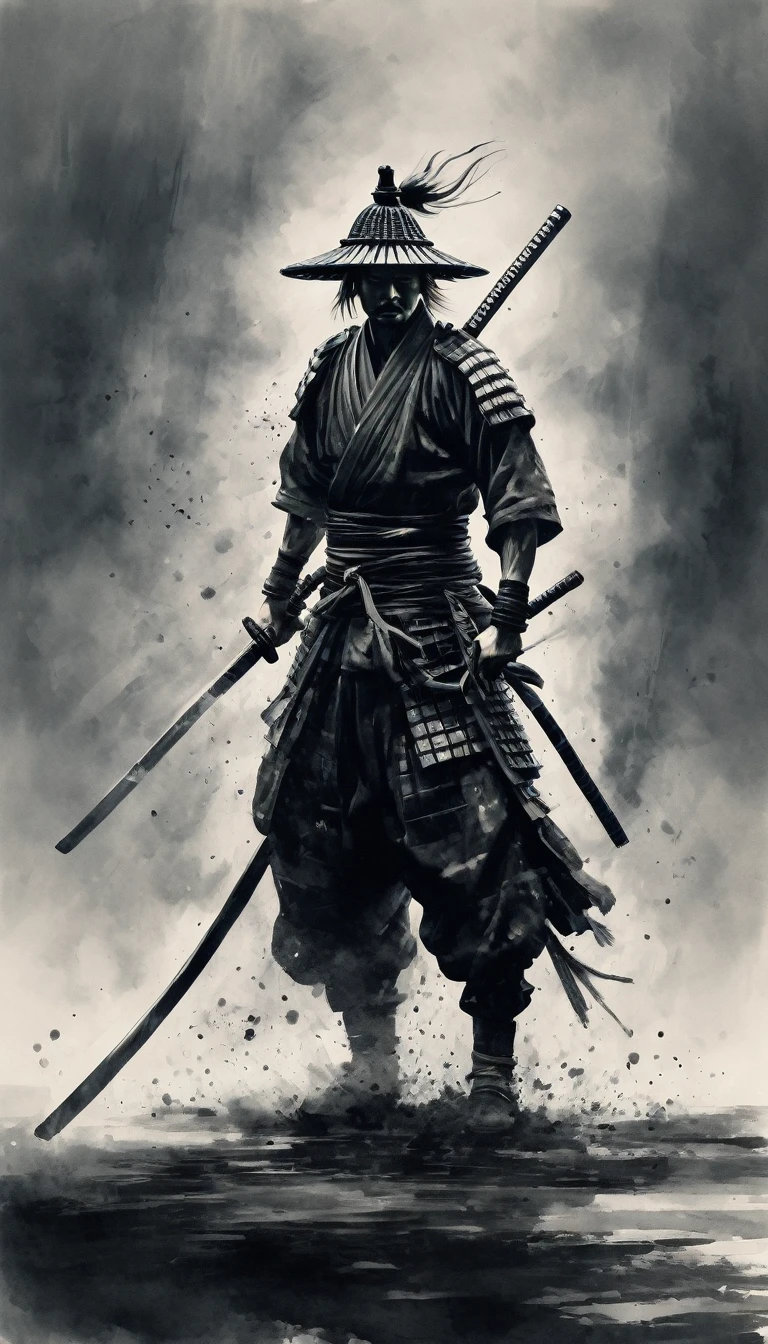 Black and white painting,Ink Painting,splash,Mamba Hair,seppuku,Create a hyper-realistic and cool image of Miyamoto Musashi using his two-sword technique (Katana and Wakizashi). Musashi is in a dynamic battle stance, showcasing his mastery of Niten Ichi-ryu. He wears traditional samurai armor, and the background is a dramatic battlefield with smoky skies, emphasizing the historical context. Highlight his intense focus and determination, capturing the essence of a formidable warrior. Use strong light and shadow contrasts to enhance the dynamic feel of the image.