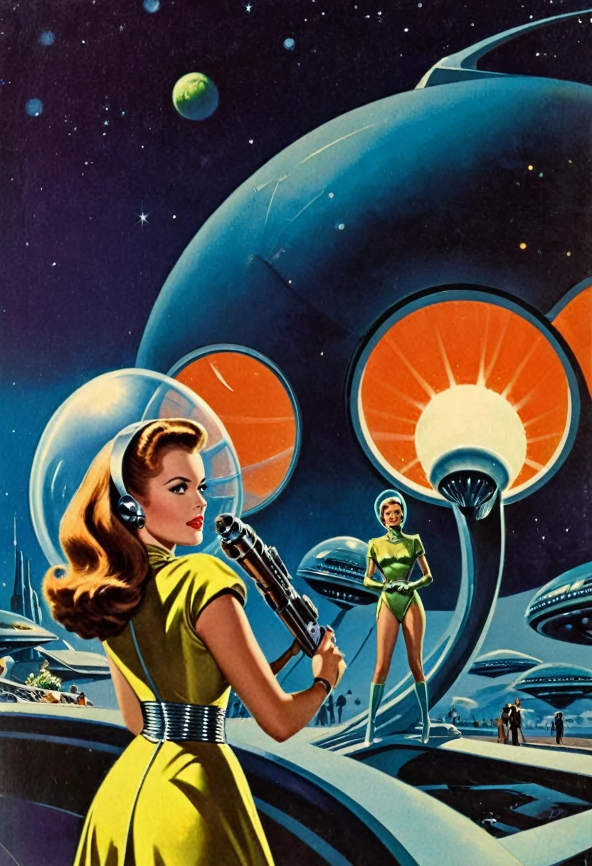 Retro futuristic, ((retro futurism)), ((Science fiction)), 1950s, (((1960s))), 1970s, (alien women),