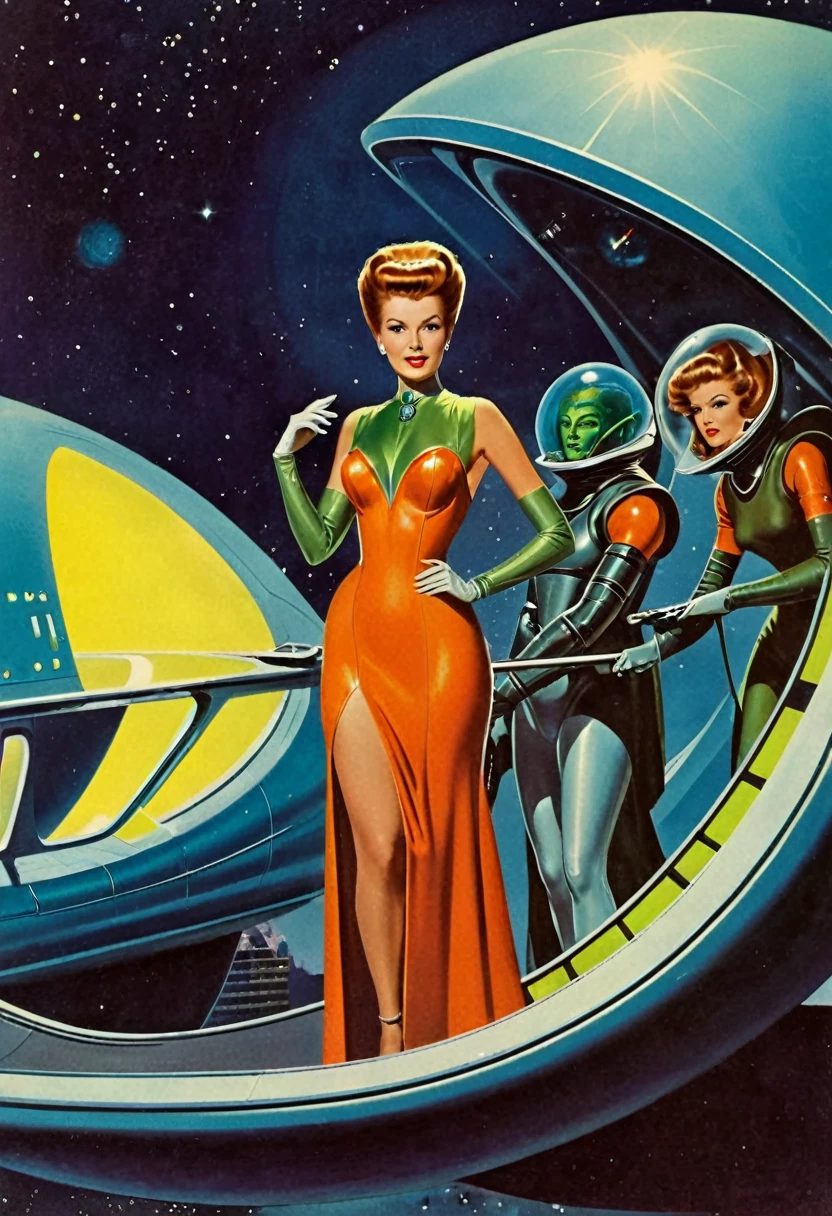 Retro futuristic, ((retro futurism)), ((Science fiction)), 1950s, (((1960s))), 1970s, (alien women),