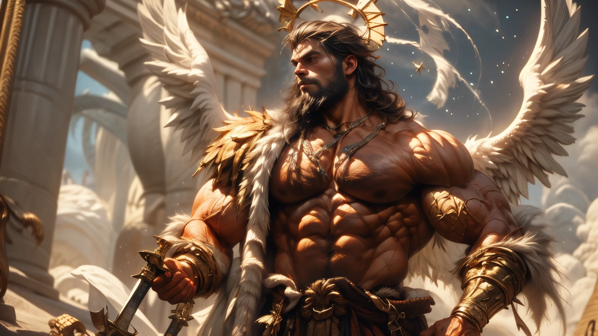 A muscular, noble-looking man with sharp eyes, a strong nose, and a dignified expression, holding a long sword, with short white hair, majestic white wings, floating against a starry sky background, (best quality,4k,8k,highres,masterpiece:1.2),ultra-detailed,(realistic,photorealistic,photo-realistic:1.37),digital art, concept art, cinematic lighting, dramatic, epic, powerful, divine, angelic