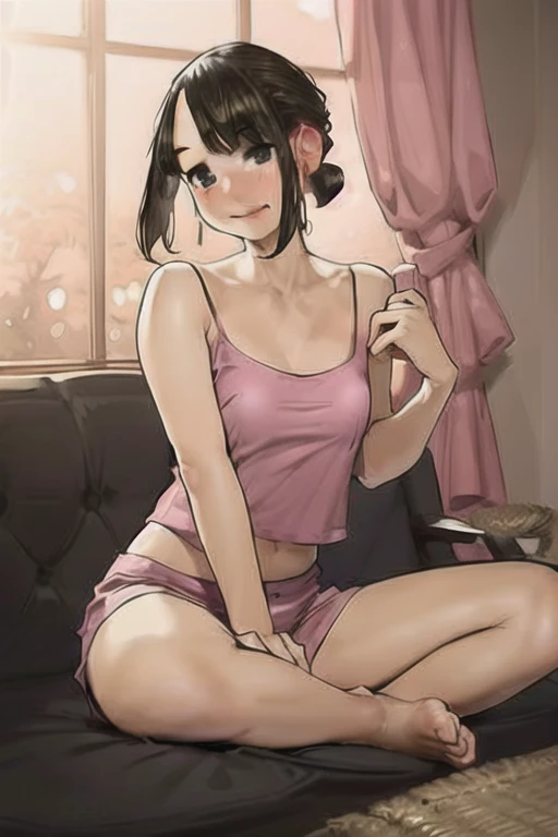 Very detailed, high quality:1.5, masterpiece, beautiful, (((Beautiful eyes))),Film Portrait,No Fleet,cute,(dark),((douki-chan)),living,Relax in your own room,Forehead,single hair bun,(((Pink camisole))),Tight panties,Black Panties,(((Tilt your head))),Have a mobile phone,((Indian style,sitting)),((Green sofa)),(On the sofa)There is no one here,living,((smile)),Slightly red cheeks,American Shorthair,Cat,Reflection of light,dark照明,beautiful脚,((Lovely)),とてもcute, yomu_(sgt_epper)