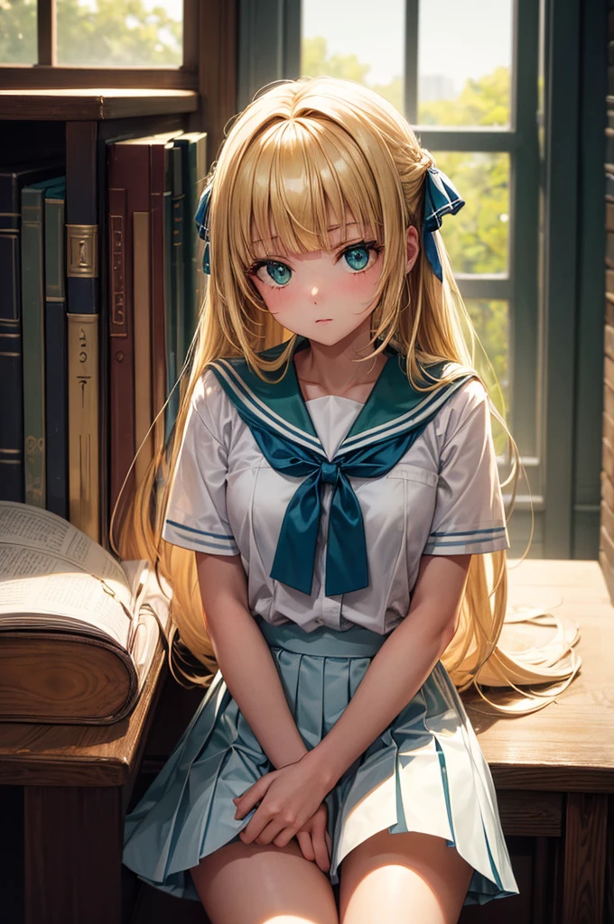 ((masterpiece,best quality, High resolution)), 1 girl, alone, Green eyes, long blonde hair,Tie blue ribbon, blunt bangs, sitting, Cross your arms on the table, sleeping with arms folded, Uniforms, White Seraph, Red sailor collar, Short sleeve, White pleated skirt, (In the library), dramatic light, next to the window, Good afternoon light through the window, Good afternoon, Bokeh effect