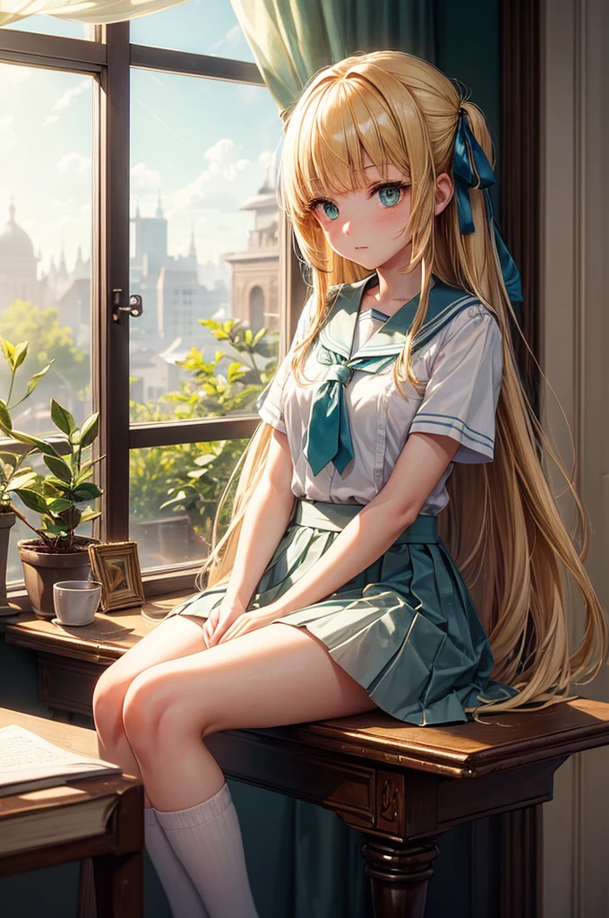 ((masterpiece,best quality, High resolution)), 1 girl, alone, Green eyes, long blonde hair,Tie blue ribbon, blunt bangs, sitting, Cross your arms on the table, sleeping with arms folded, Uniforms, White Seraph, Red sailor collar, Short sleeve, White pleated skirt, (In the library), dramatic light, next to the window, Good afternoon light through the window, Good afternoon, Bokeh effect