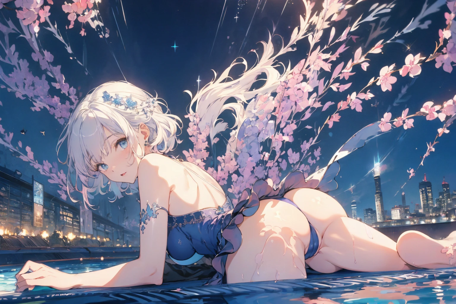 (ass from behind photo:1.1,doggy style, in blue marine:1.5), Masterpiece, best quality, (very detailed CG unity 8k wallpaper), (best quality), High definition RAW color art, Animation,sculptures, (pink Marble Skin), (((Ultra detailed elegant))), Magical atmosphere, Detailed skin, Texture,(Intricately detailed, Fine detail, ultra-detail art), depth of fields, bokeh, Silky Touch, Hyper Detail, beautiful eyes, Elegant Face, (lying on pool), sparkle background, (silver hair), pastel purple, fat, embarrassing red face, shorthair, dress, フリル