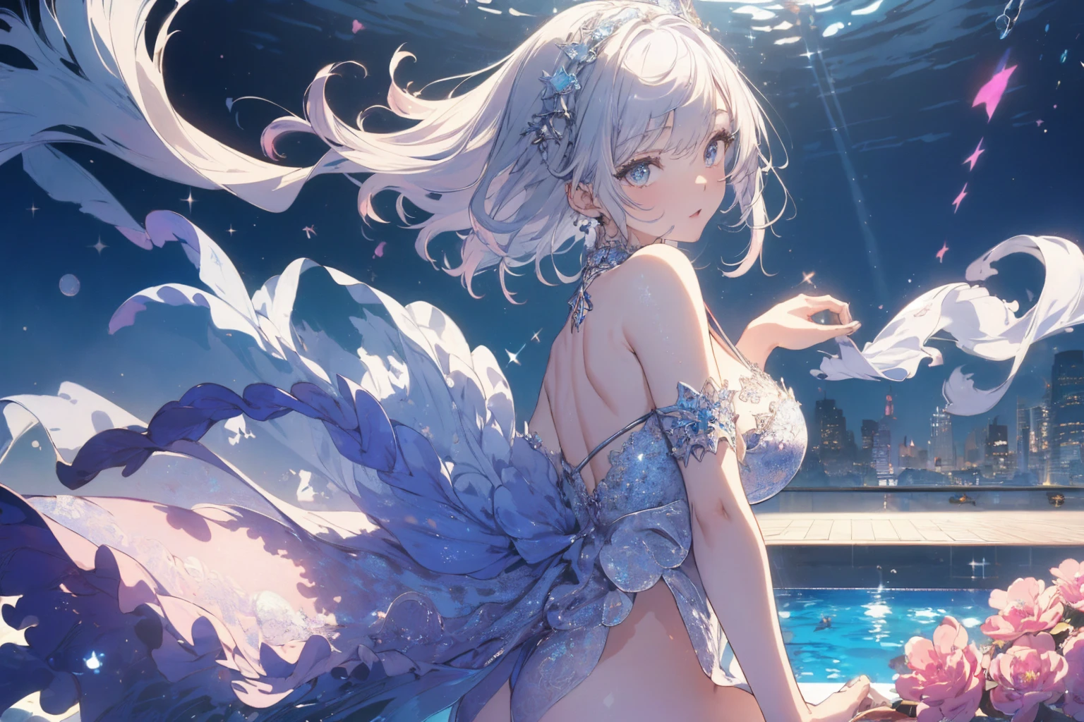 (ass from behind photo:1.1,doggy style, in blue marine:1.5), Masterpiece, best quality, (very detailed CG unity 8k wallpaper), (best quality), High definition RAW color art, Animation,sculptures, (pink Marble Skin), (((Ultra detailed elegant))), Magical atmosphere, Detailed skin, Texture,(Intricately detailed, Fine detail, ultra-detail art), depth of fields, bokeh, Silky Touch, Hyper Detail, beautiful eyes, Elegant Face, (lying on pool), sparkle background, (silver hair), pastel purple, fat, embarrassing red face, shorthair, dress, フリル