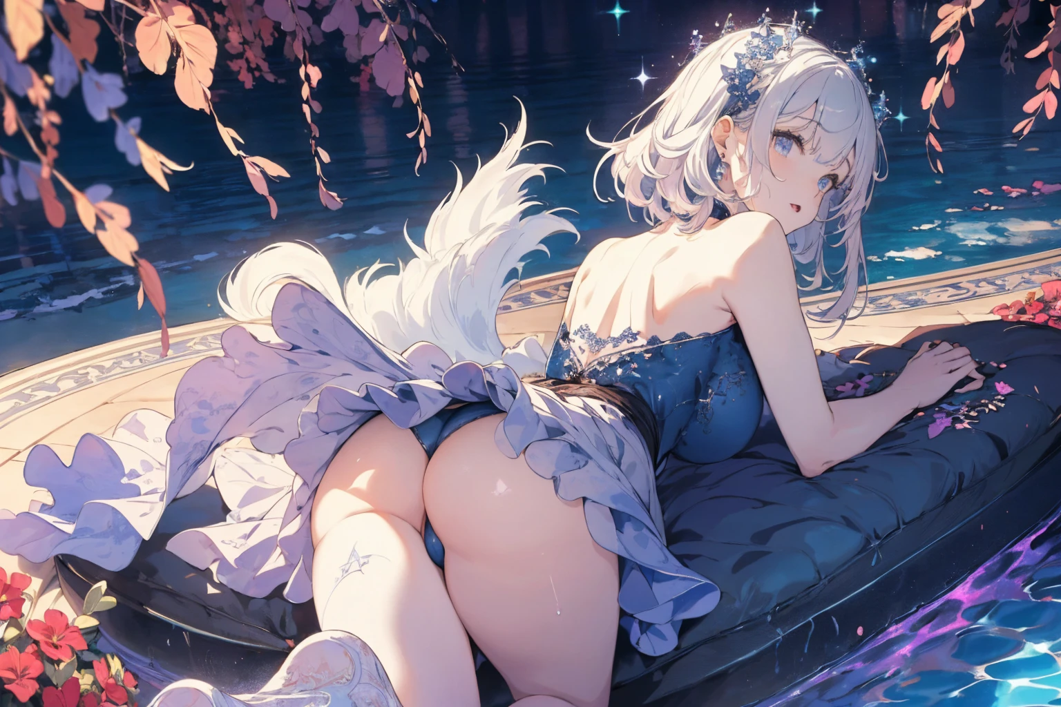 (ass from behind photo:1.1,doggy style, in blue marine:1.5), Masterpiece, best quality, (very detailed CG unity 8k wallpaper), (best quality), High definition RAW color art, Animation,sculptures, (pink Marble Skin), (((Ultra detailed elegant))), Magical atmosphere, Detailed skin, Texture,(Intricately detailed, Fine detail, ultra-detail art), depth of fields, bokeh, Silky Touch, Hyper Detail, beautiful eyes, Elegant Face, (lying on pool), sparkle background, (silver hair), pastel purple, fat, embarrassing red face, shorthair, dress, フリル