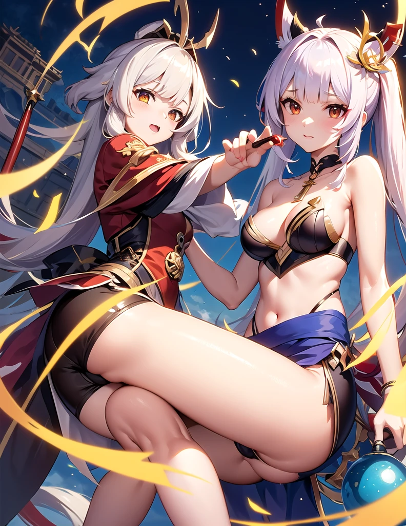 Has long white hair、Anime girl holding a red and gold scepter, Ayaka Genshin Impact, White-haired deity, Kushat Krenz Key Women in Art, Sharp RPG portraits, Keqing from genshin impact, From the Azur Lane video game, Anime girl holding a bow and arrow, Astrie Lohne, Azur Lane Characters, Official Art