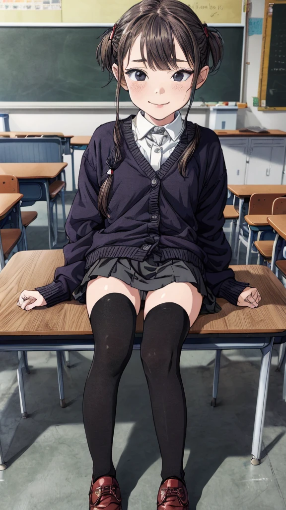 best quality, masterpiece, detailed,2d,flat color, 1girl,,petit,,classroom,,thighhighs,cardigans,shoes