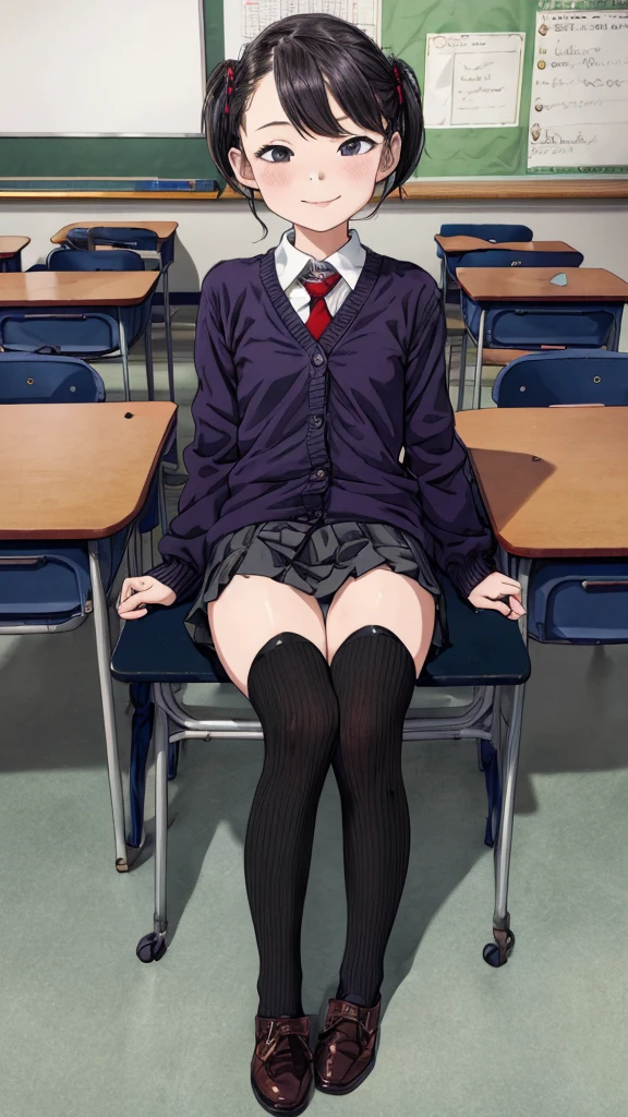 best quality, masterpiece, detailed,2d,flat color, 1girl,10yo,petit,,classroom,,thighhighs,cardigans,shoes