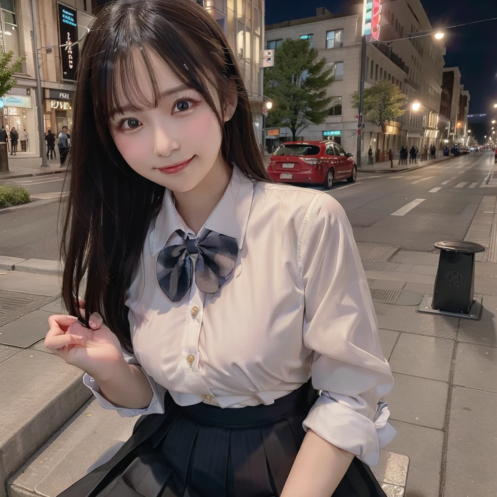 There is a woman who is on the street with a purse, fat pigeon, fat cat,(8k, RAW photo, best quality, masterpiece: 1.2), (realistic, photo-realistic: 1.37), ultra-detailed, 1 girl, cute, solo, beautiful detailed sky, detailed coffee, night, sitting, dating, (flushed nose), (smile: 1.1), medium breasts, beautiful detailed eyes, (collared shirt: 1.1), bow tie, pleated skirt,