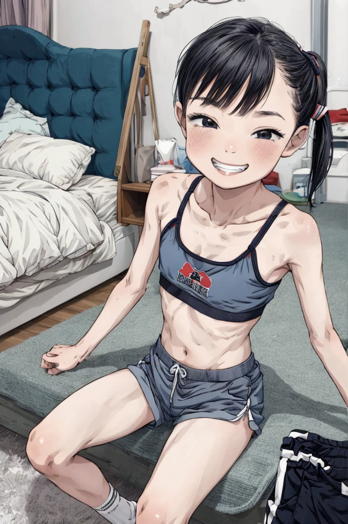 best quality, masterpiece, detailed,2d,flat color, 1girl,10yo,petit,grin,my room,,sports bra,shorts,socks