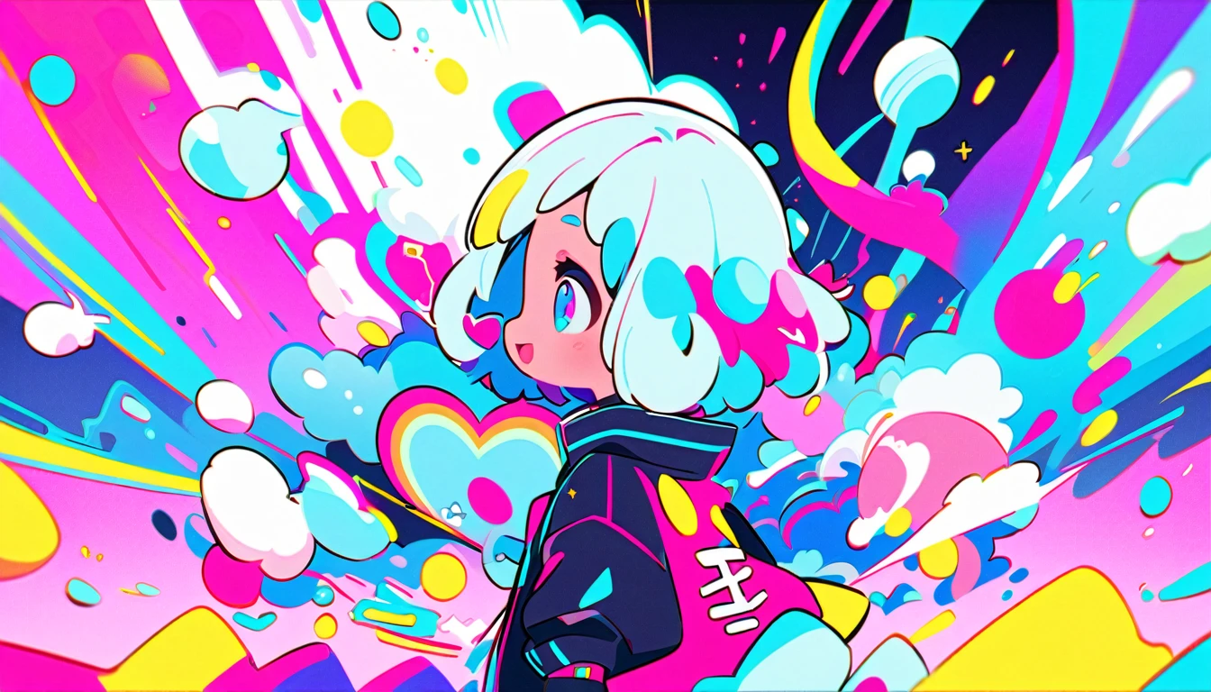 Vibrant art,pop、bright、colorful, 1 female, Light blue hair, short hair、Happy,cute, animation style, kawaii, clearly, colorful cyberpunk, bubblegum pop, cute、Pink and light blue as main colors、I'm cheering loudly、 Headphonesをしている、Headphoneusic、buzzer、buzzer, tropical,