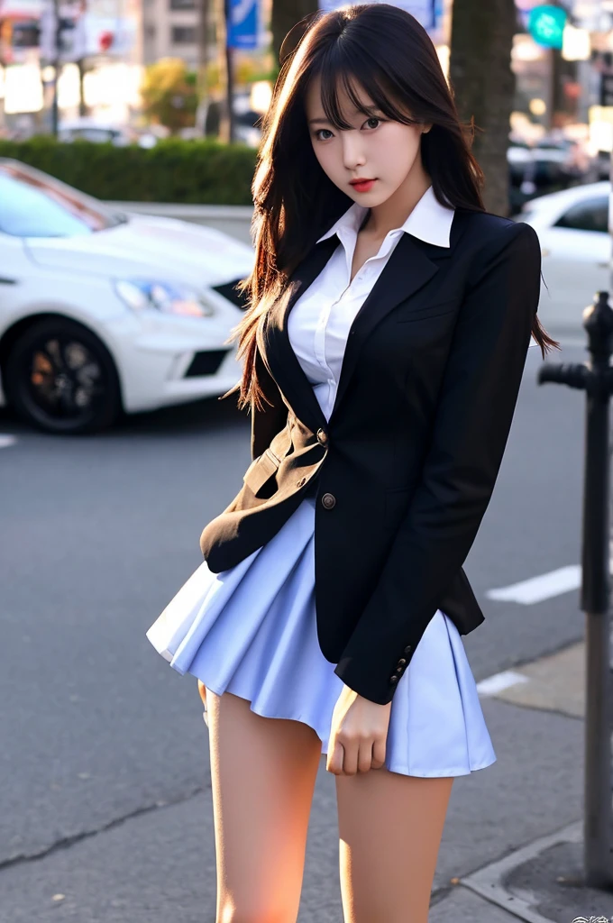 the most beautiful actress in the world, she is 18 years old, the perfect body proportions of this girl, the blazer is firmly worn on the formal shirt and closed, it's too difficult for the short skirt to cover the panties because it's too short, only the upper than her waist of her bare skin is covered, only the lower than her waist of her bare skin is exposed, her bare thighs, the lower than her knees are out of this picture, at city street, standing, nsfw, best quality, highly detailed, masterpiece, ultra high res, photo realistic, 8k