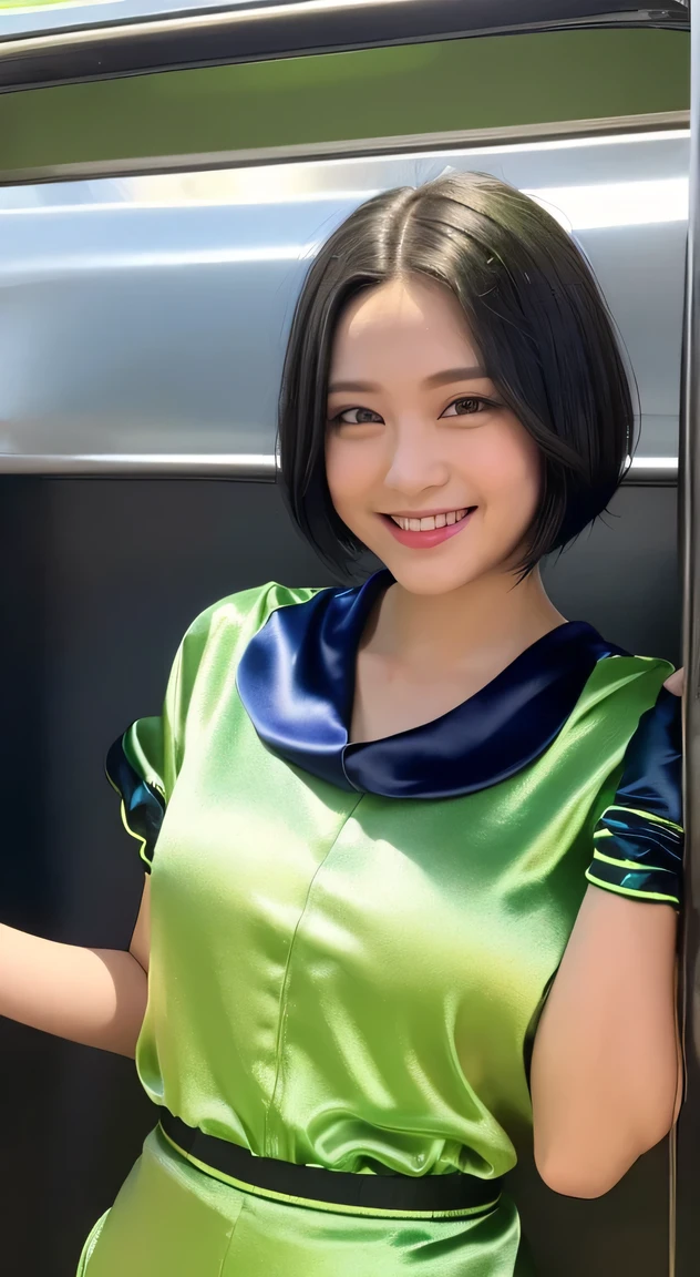 One woman and one small boy, A woman in a shiny truck costume、The boy next to me is holding onto me with both hands. (Beautiful female college student in a tracksuit, Highest quality, High resolution, 8K, 1 Girl, outside the athletics stadium, 1 Girl, Shiny Track Costume (Satin Truck Costume: 1.4, lime green: 1.5) (Black Hair, short hair, big: 1.4), (Upper Body: 1.2), Smiling at the viewer), outside, Boy grabbing the breasts of a woman dressed in a truck costume with both hands (T-Shirts, Shorts, Grabbing a woman's breasts with both hands)