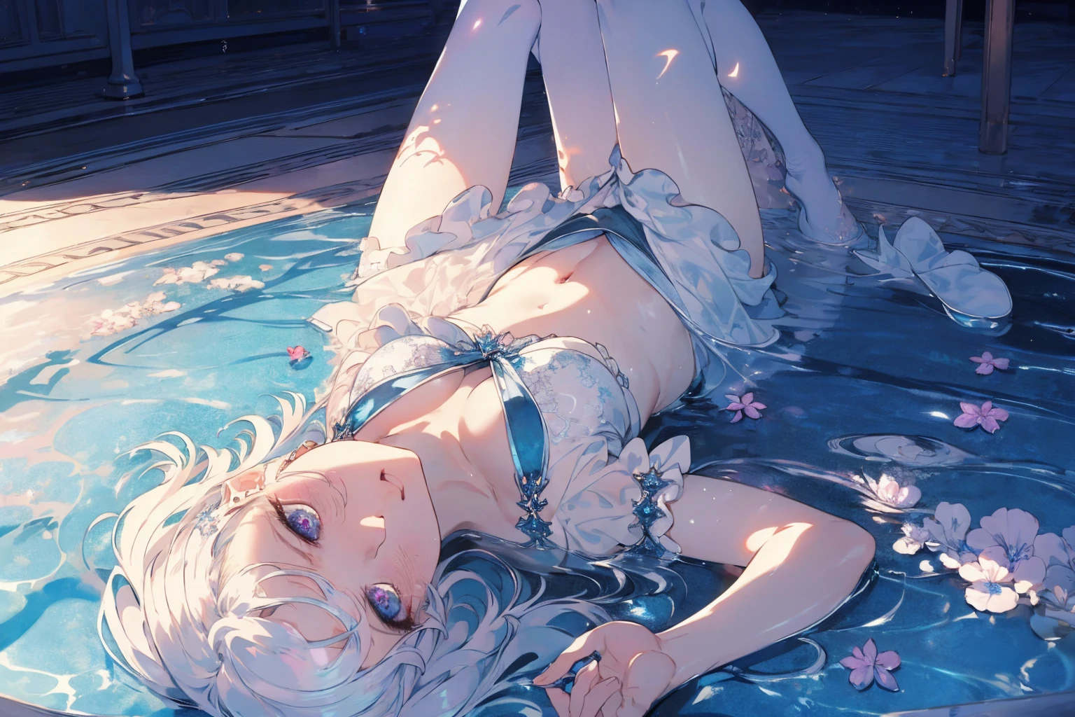 (upside-down photo:1.1, in blue marine:1.5), Masterpiece, best quality, (very detailed CG unity 8k wallpaper), (best quality), High definition RAW color art, Animation,sculptures, (pink Marble Skin), (((Ultra detailed elegant))), Magical atmosphere, Detailed skin, Texture,(Intricately detailed, Fine detail, ultra-detail art), depth of fields, bokeh, Silky Touch, Hyper Detail, beautiful eyes, Elegant Face, (lying on pool), sparkle background, (silver hair), pastel purple, fat, embarrassing red face, shorthair, dress, フリル