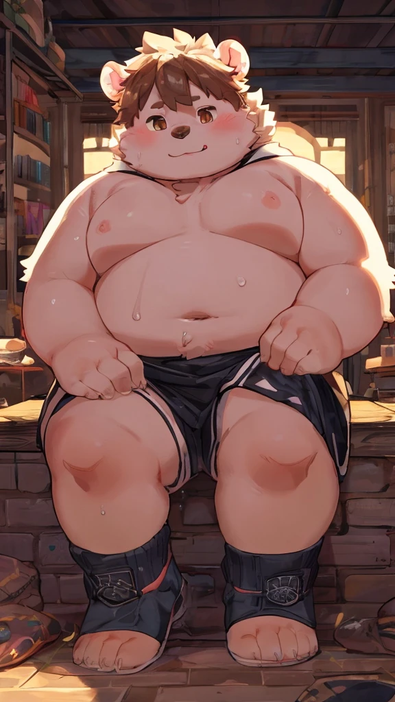 (androgynous), (boyish), beautiful, chubby, (very short hair), (pudgy face), (thick), overweight, beefy, (cute), (little brat), (naughty brat), (belly button), Chubby body, Sweaty body, (Smelly body), (moobs), (ikemen), (Obese man like female breasts), ((by quanjiang)), (Sitting), (Soleを見せる), (Sole), (臭そうなSole), (sole of the foot), (by moki君), ((by bebebebebe))