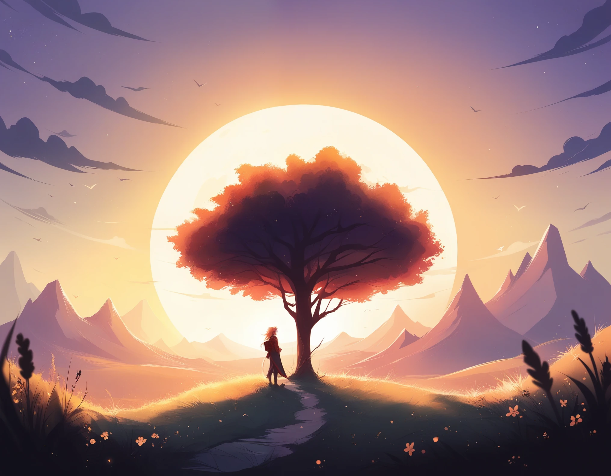 score_9, score_8_up, score_7_up, Illustration, Bybm style, a picturesque long shot of a grassy plain during sunset, alien planet, blurry background, neon colors, vintage artstyle, hard lighting, dark composition, contrasting color pallette, comic book artstyle