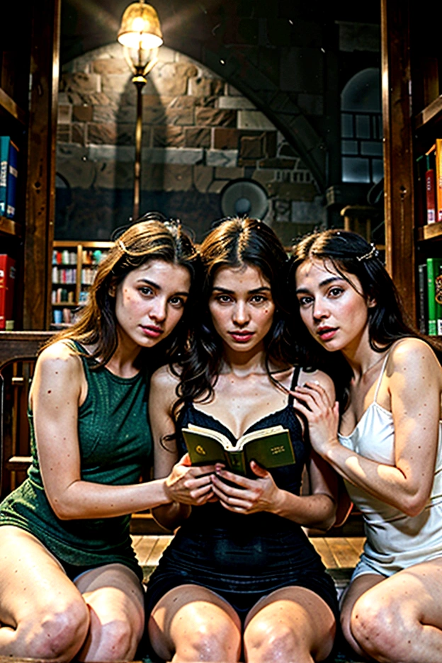 (Masterpiece, 8k, 16k, uhd, best quality, fantasy photograpy, epic imagination), 3girls (cuddling, front to back:1.2) in a "library" at midnight, beautiful, tender, late night, reading a book, chilled drink aisle, film scene, cinematic lighting, intense indoor white tube lighting, black dresses, green dressees, rose dresses