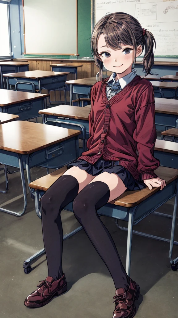 best quality, masterpiece, detailed,2d,flat color, 1girl,10yo,petit,,classroom,,thighhighs,cardigans,shoes