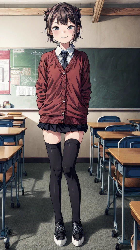 best quality, masterpiece, detailed,2d,flat color, 1girl,,petit,,classroom,,thighhighs,cardigans,shoes