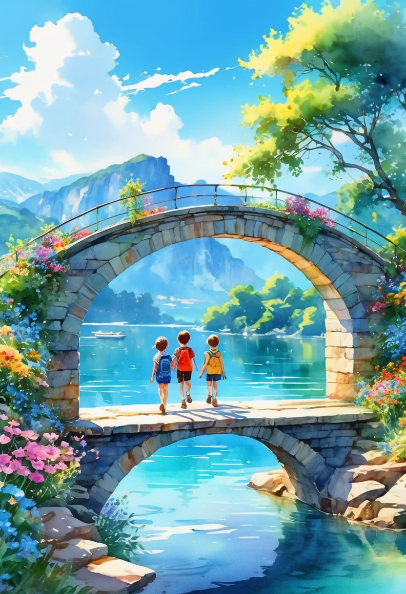 Children crossing an arch bridge, the dazzling light of the summer sun, summer flowers, azure water, distant views, beautiful watercolor sketches, 8K images.