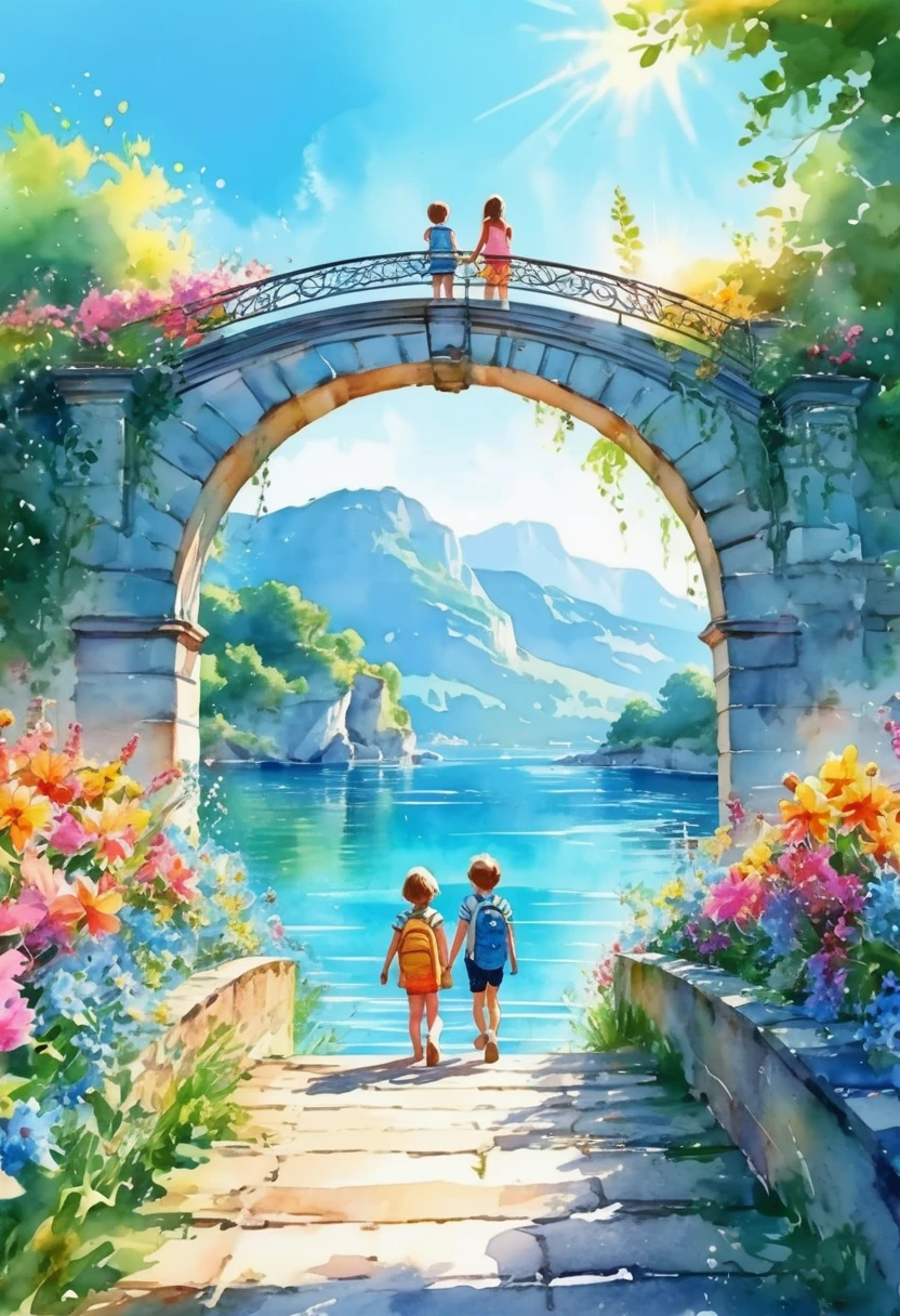 Children crossing an arch bridge, the dazzling light of the summer sun, summer flowers, azure water, distant views, beautiful watercolor sketches, 8K images.