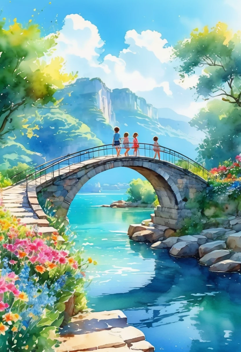 Children crossing an arch bridge, the dazzling light of the summer sun, summer flowers, azure water, distant views, beautiful watercolor sketches, 8K images.