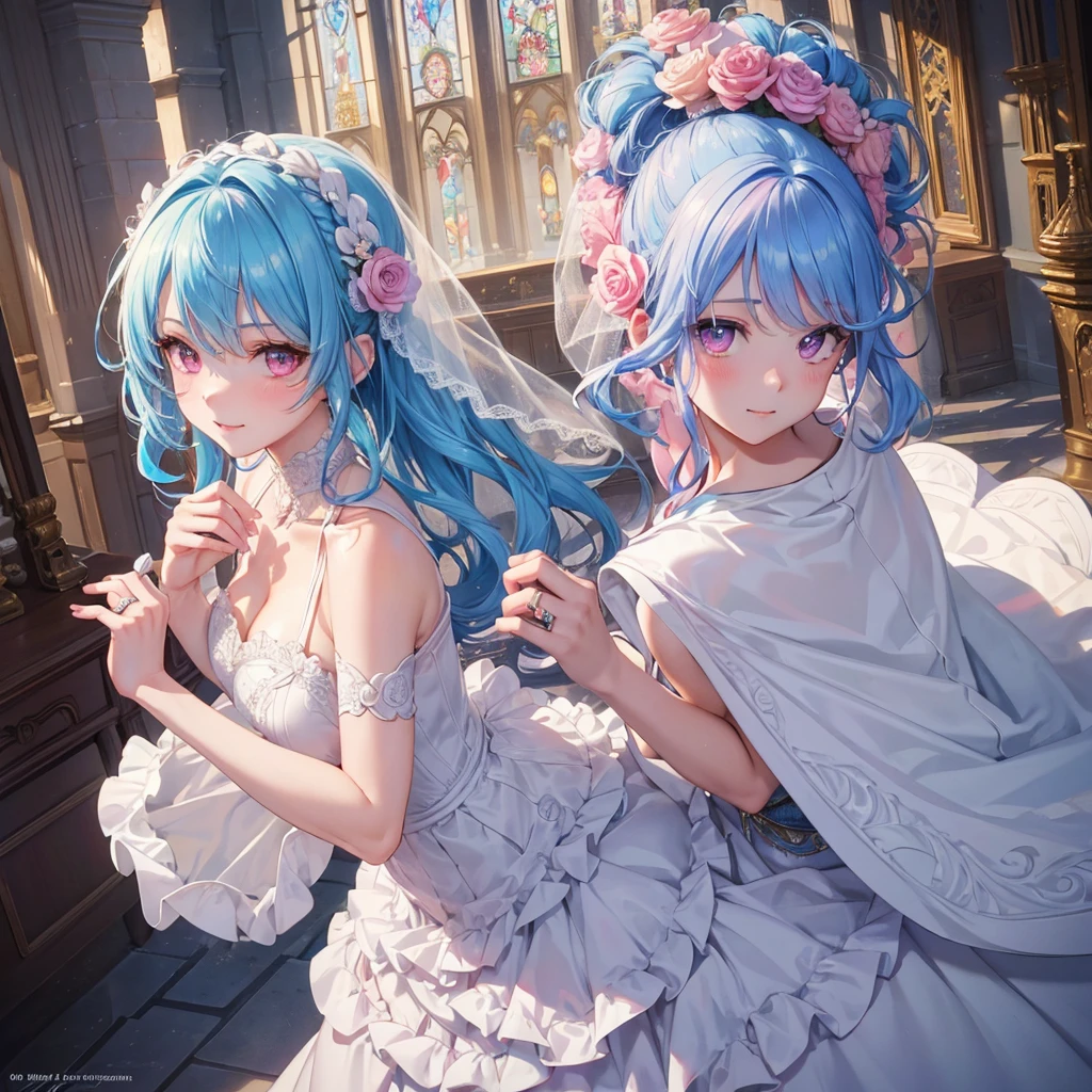 Sky blue hair, (One braided ponytail),(Pink Eyes),Fair skin ,(whole body),(One girl),bride,A big smile,Straight bangs, 6月のbride,Wedding dress,(masterpiece, Highest quality, Very detailed, Best Shadow), (Detailed Background), (Beautifully detailed face), High Contrast, (Best lighting, Very delicate and beautiful), ((Cinematic Light)), colorful, Hyper Detail, Dramatic Light, Intricate details,Chapel background,A bouquet of roses in the right hand,Ring on left ring finger,