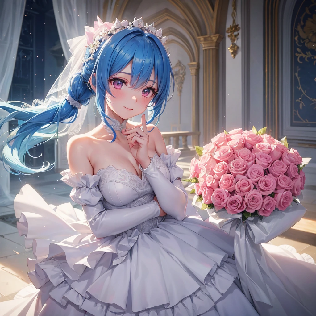Sky blue hair, (One braided ponytail),(Pink Eyes),Fair skin ,(whole body),(One girl),bride,A big smile,Straight bangs, 6月のbride,Wedding dress,(masterpiece, Highest quality, Very detailed, Best Shadow), (Detailed Background), (Beautifully detailed face), High Contrast, (Best lighting, Very delicate and beautiful), ((Cinematic Light)), colorful, Hyper Detail, Dramatic Light, Intricate details,Chapel background,A bouquet of roses in the right hand,Ring on left ring finger,