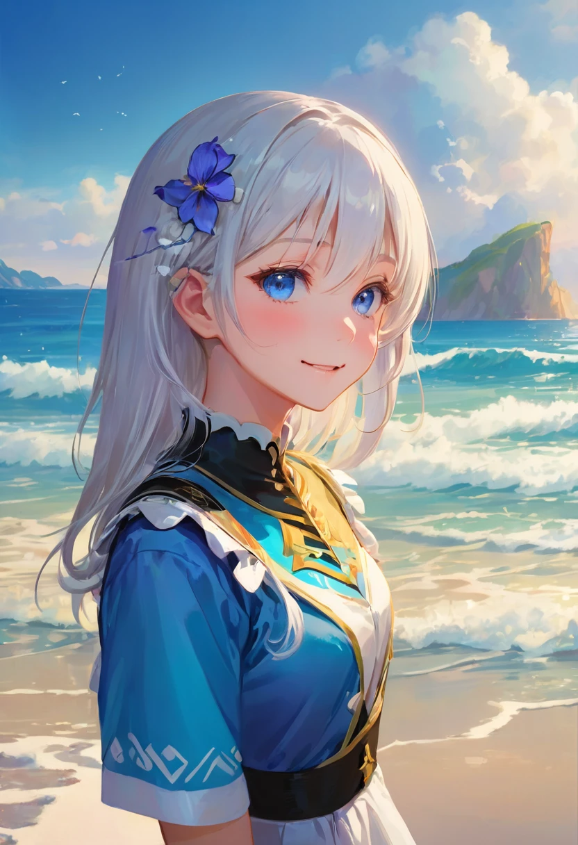 (Panorama, Center, Masterpiece, Highest Quality: 1.2), (8K, Raw Photos, Highest Quality), ((Masterpiece: 1.2)), Realistic, Ultra High Resolution, High Contrast, Photon Mapping, Vivid Colors, distant view, long shot, from behind, full body, Focal length: 26mm, f/5, Super Detailed, Raw Photos, Authentic, Official Art, RAW Photos, Professional Lighting, Lights, Vivid Atmosphere, finest illustration, best shadows), A smiling young girl (Emilia princess from Re:Zero, elegant silver-haired girl with delicate features, beautiful detailed eyes, long eyelashes, full lips, colorful makeup, slim waist, wearing a academy uniform, short sleeve top, photorealistic, (best quality,4k,8k,highres,masterpiece:1.2),ultra-detailed,(realistic,photorealistic,photo-realistic:1.37), extremely detailed face and eyes, highly detailed iris, (cute)),Early summer. On a beautiful white sandy beach, a smiling girl is looking at the islands scattered off the coast of the sea. A white cat is sitting next to a smiling girl. Beautiful blue gradient. Beautiful green gradient. An atmosphere that exudes the excitement of adventure. An atmosphere that makes you feel happy and joyful. High Fantasy Worldview. A magnificent composition. Beautifully depicted with the golden rule. Guardian nebula of rainbow light and silvery vapor. Corrosive Encirclement Ray Family Color. Slimy air.
