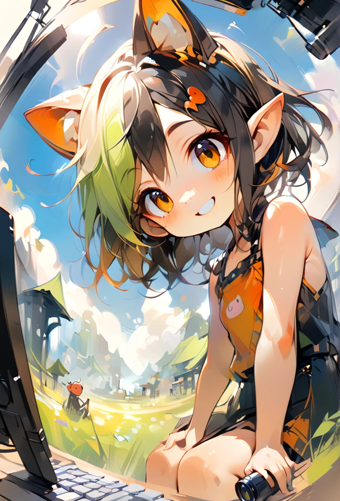 Masterpiece Illustration, high quality, high resolution 16k, a painting of a piggy with a smile on it's face,Looking at the camera, (fisheye camera ) zhibi, funy cartoon, computer graphics, oil painting, little pig With big ears sitting on a Sunny meadow, Smooth skin, trend in Art Station, playful smile, 🍁 cute, inspired by Ruben Tam, very cute facial features, , small in size, long pointed ears, artistic style, oil and watercolor painting